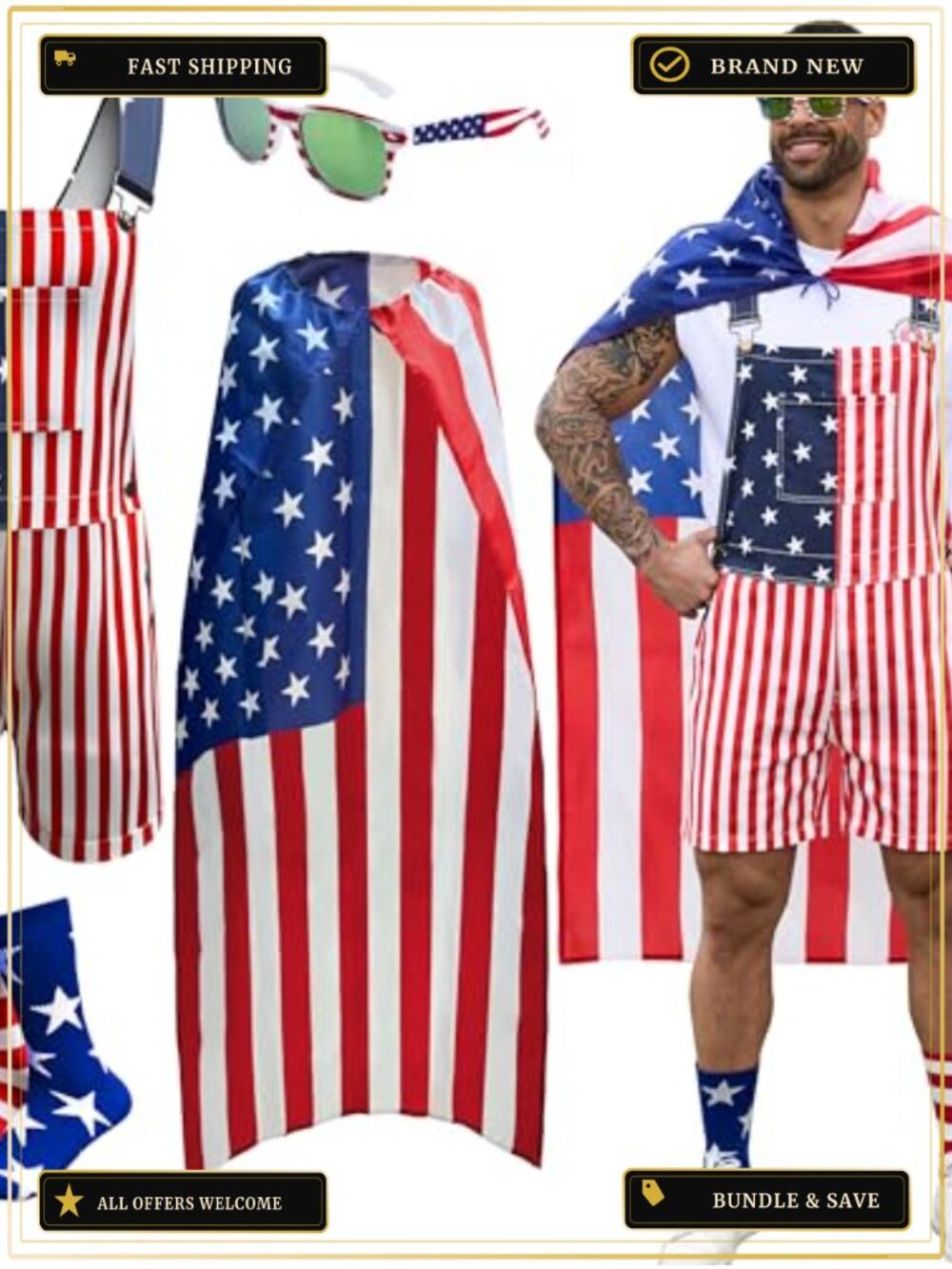 Men's 4 Pc American Flag Costume Set Overalls Shorts Cape Sunglasses Socks